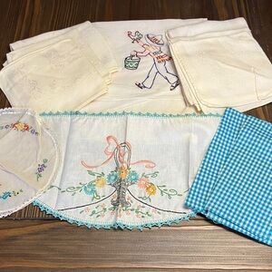 Vintage Cream Embroidered Kitchen Linens with Blue Gingham Accent